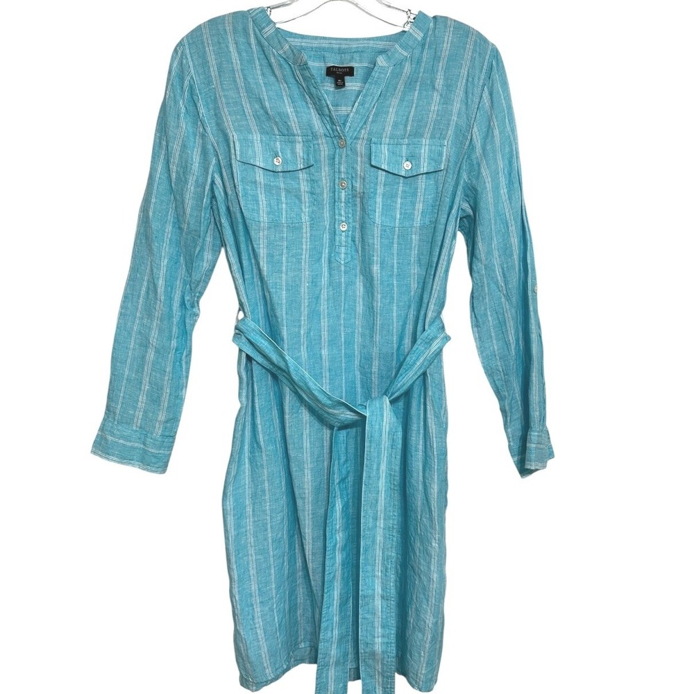 Talbots Shirt Dress Womens Blue‎ Striped Linen Roll Tab Coastal Beach Summer MP